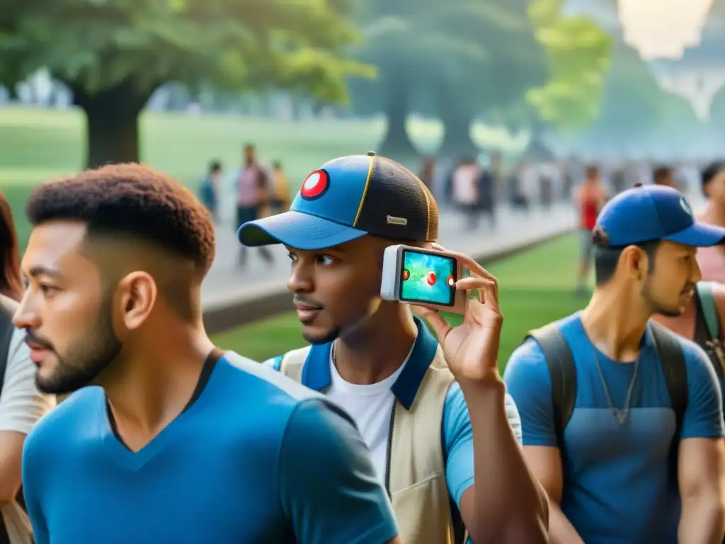 Personas de todas las edades disfrutan de Pokémon GO en un parque urbano, mostrando la historia y evolución de juegos