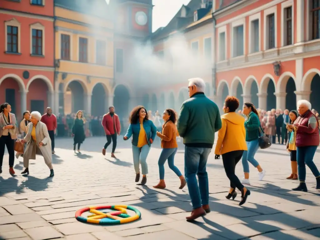 Personas de todas las edades juegan en la plaza de la ciudad: juegos tradicionales en la sociedad