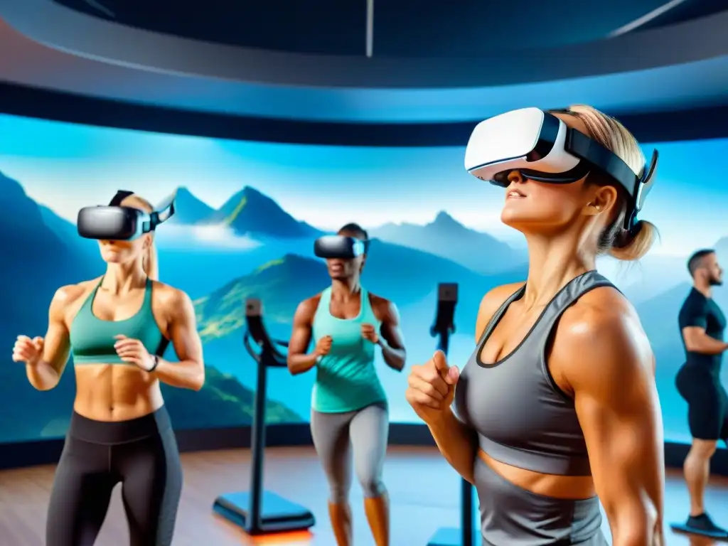 Personas en gimnasio futurista con realidad virtual fitness juegos culturas