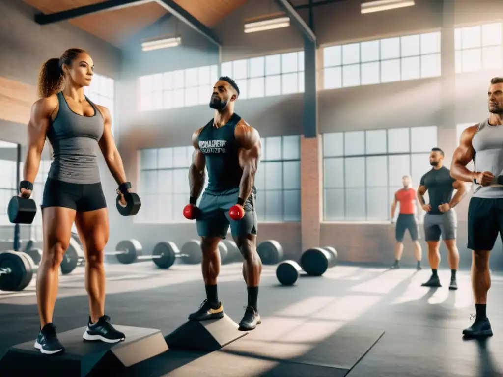 Diversas personas entrenan juntas en un gimnasio de CrossFit, mostrando intensidad y unión