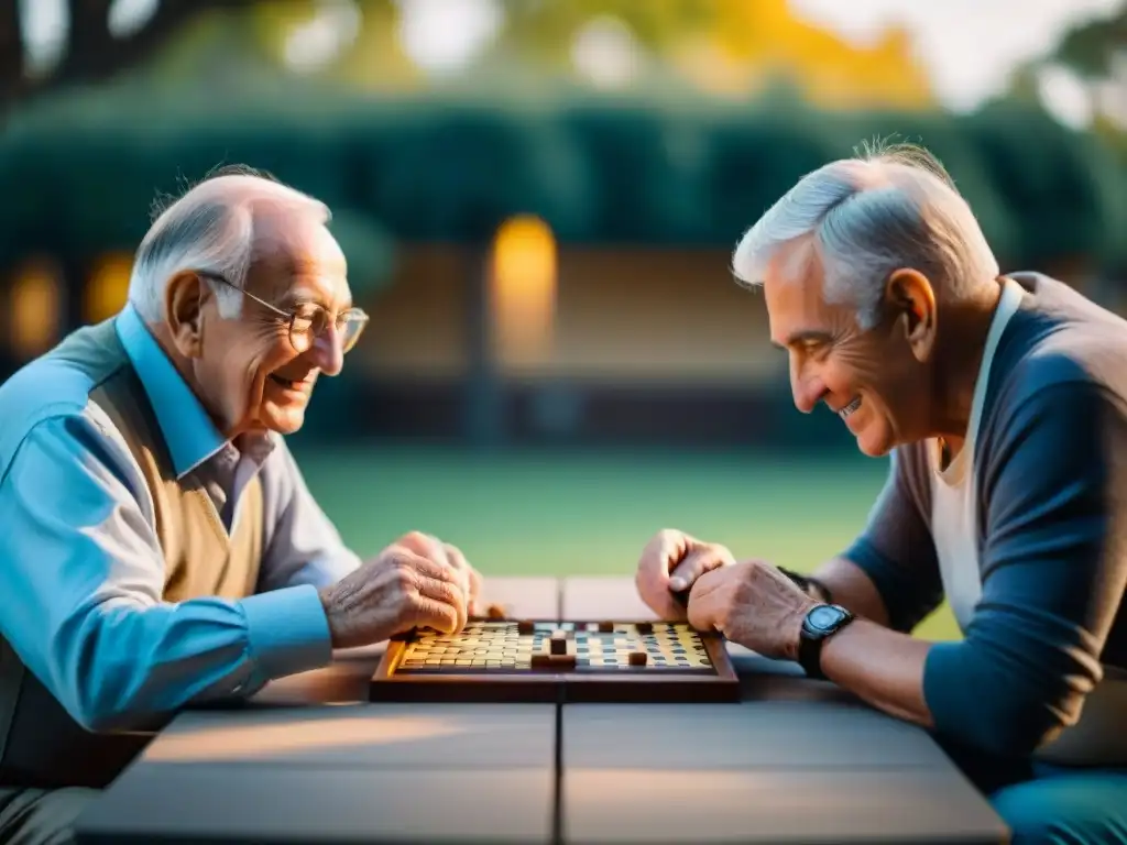 Personas mayores disfrutan de un animado juego de dominó en un parque soleado