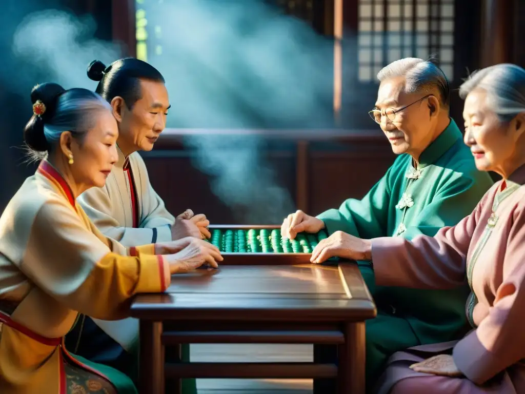 Personas mayores chinas juegan mahjong, mostrando legado cultural del mahjong chino