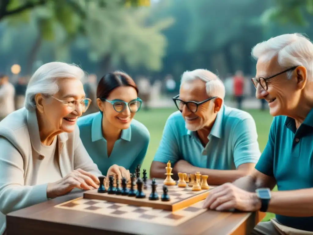 Personas mayores disfrutan de un juego de mesa clásico con Realidad Aumentada en un parque, fusionando lo tradicional con lo moderno