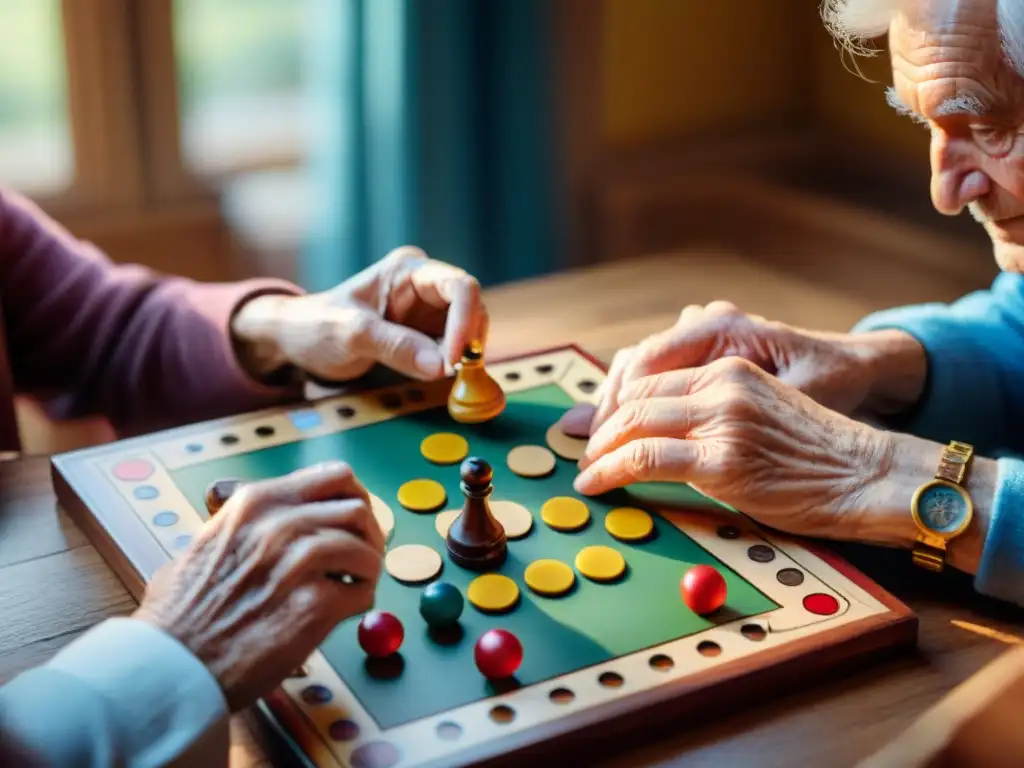 Personas mayores disfrutan de un juego de mesa tradicional, mezclando tradición y modernidad