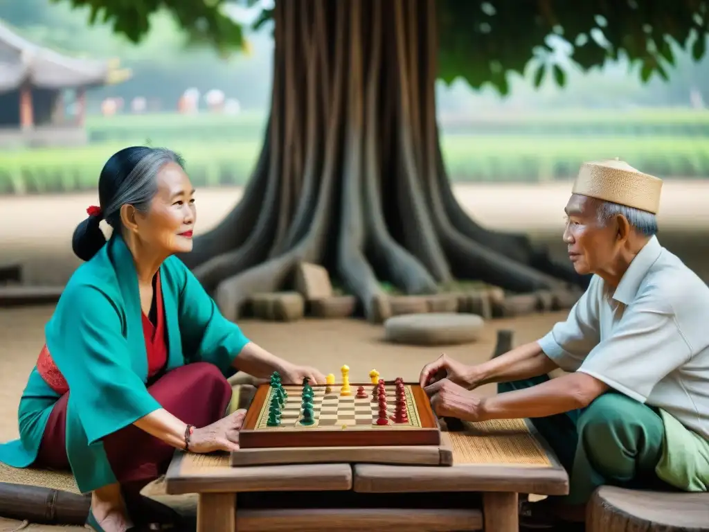 Personas mayores juegan juegos de mesa tradicionales bajo un árbol en Vietnam, uniendo cultura y comunidad