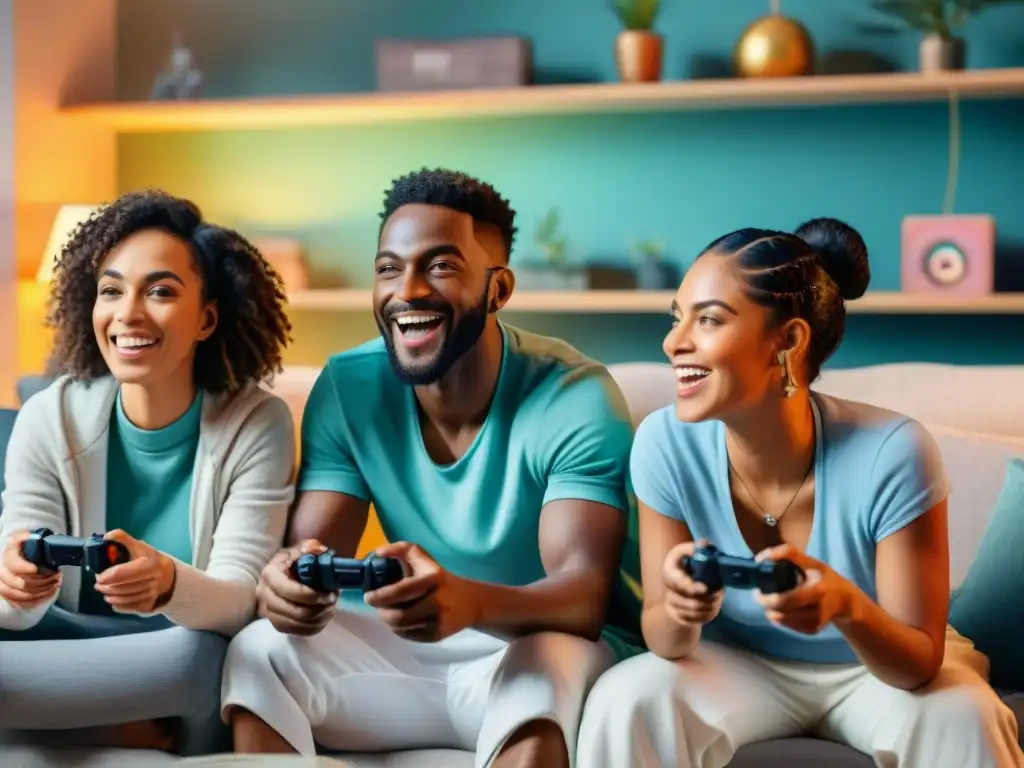 Diversas personas disfrutan unidos videojuegos, expresando alegría y camaradería