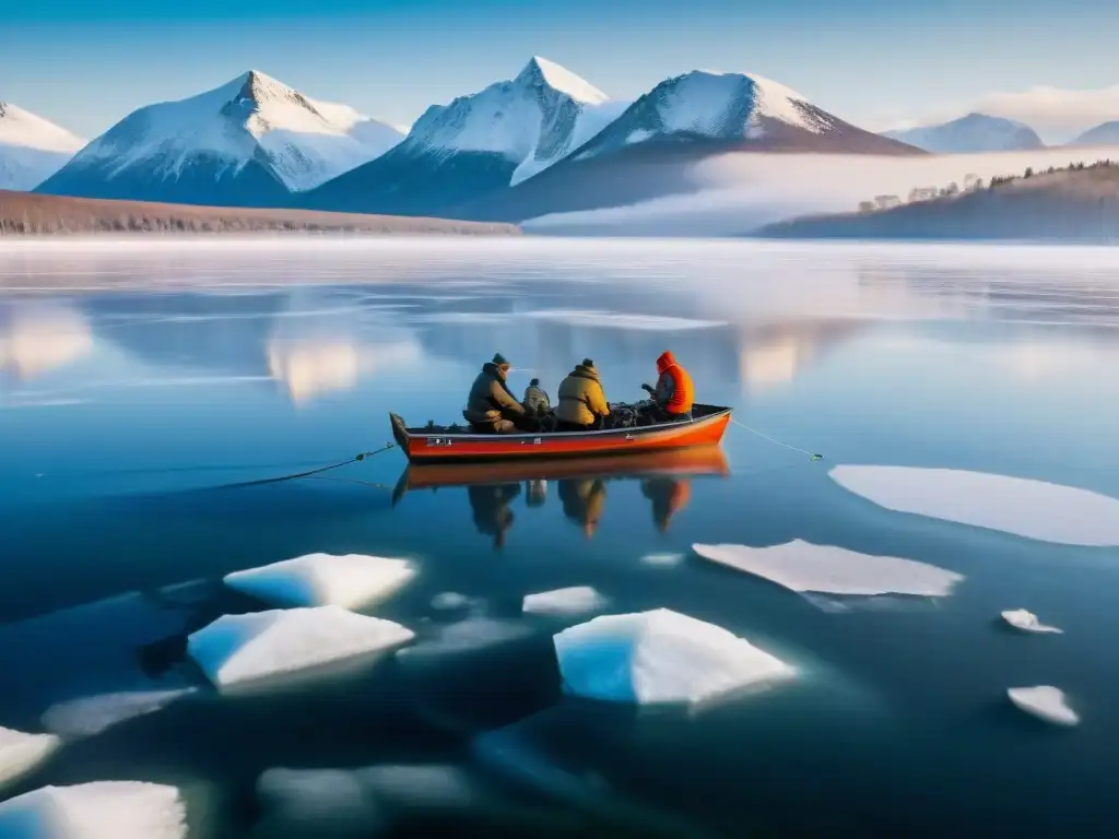 Pescadores en hielo en Europa, concentrados en sus líneas bajo el gélido cielo azul