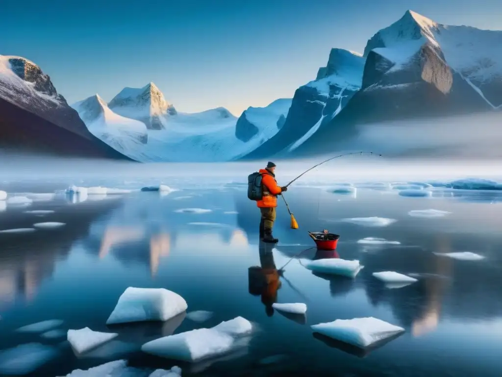 Pescadores en hielo en Europa, congelados en la belleza serena de un lago helado y nevado