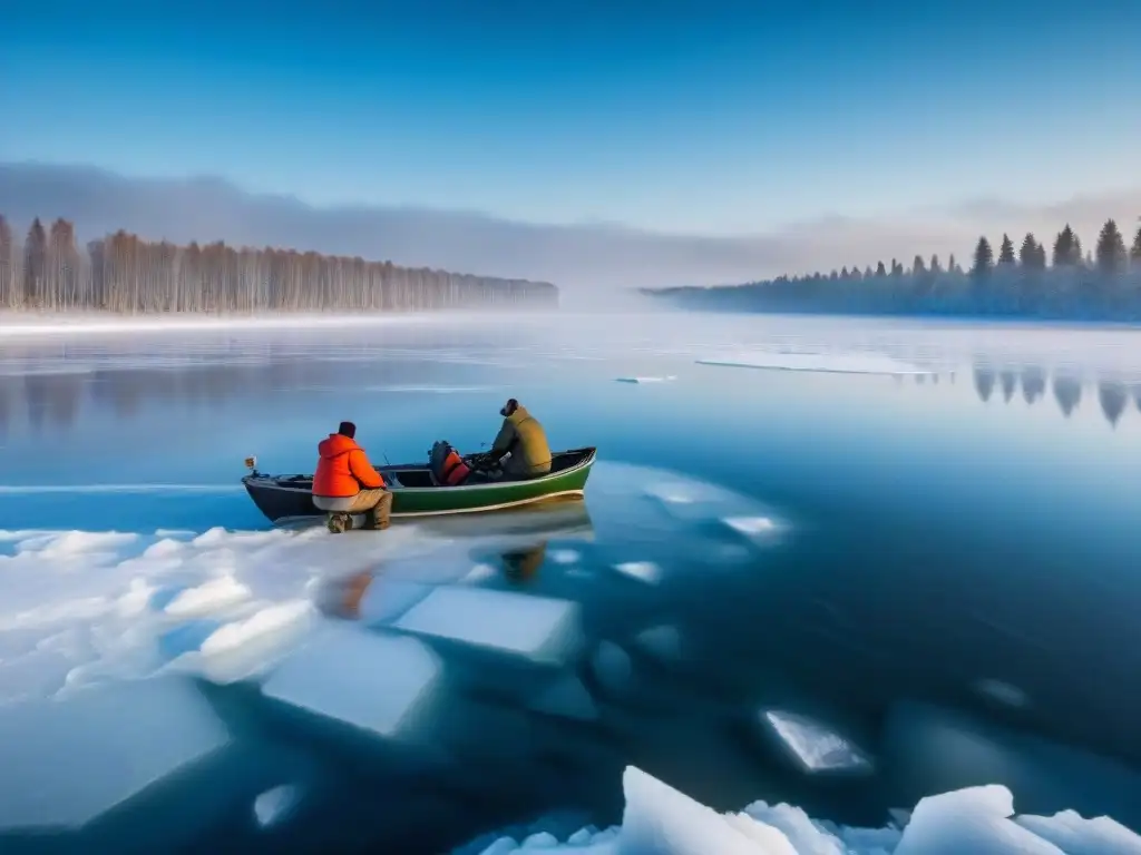 Pescadores en hielo en Europa: Hombres envueltos en abrigos de invierno pescan en un lago congelado, rodeados de un paisaje gélido