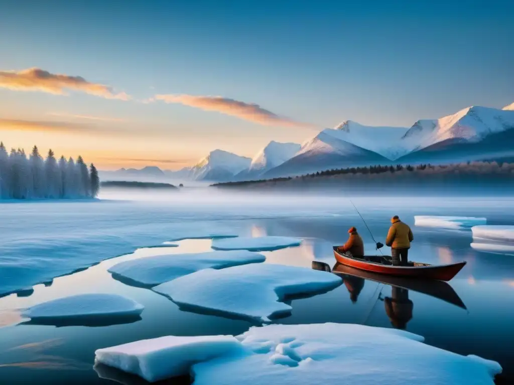 Pescadores de hielo en Europa, escena pintoresca al amanecer en un lago congelado