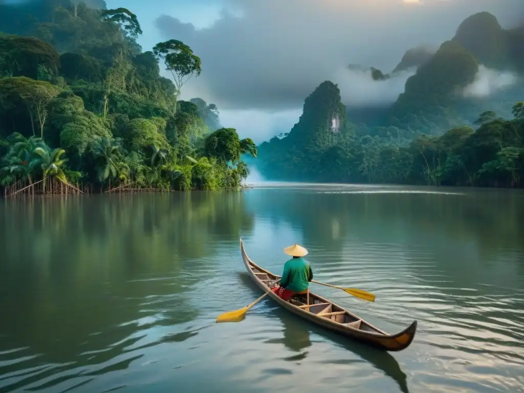 Pescadores indígenas en canoas de madera navegan en la Amazonia