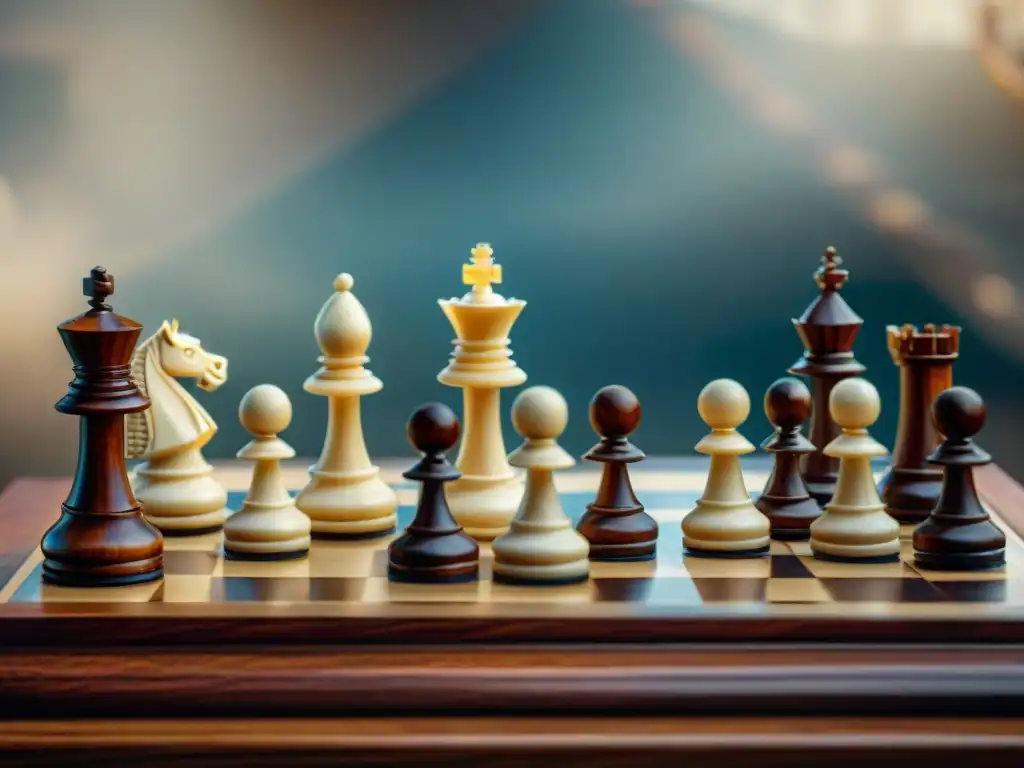 Juego de ajedrez histórico: piezas esculpidas con arte en marfil Piezas de ajedrez antiguas, representando figuras históricas de diversas culturas en un tablero de madera lujoso