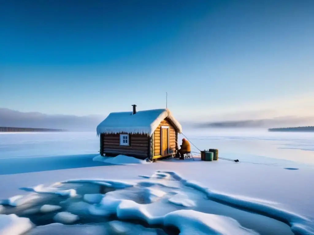 Pintoresca pesca en hielo en Europa: pescadores rusos en cabaña de madera sobre lago helado al amanecer