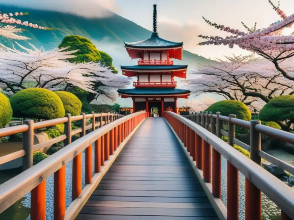 Pintoresco puente de madera en Japón, rodeado de cerezos en flor y una pagoda