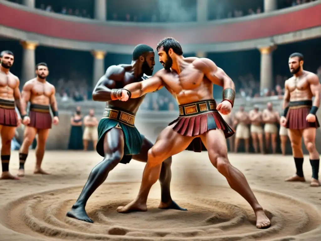 Épica lucha de pankration: atletas griegos en acción Pintura de jarra griega antigua mostrando un intenso combate de pankration entre dos atletas musculosos, rodeados de espectadores asombrados