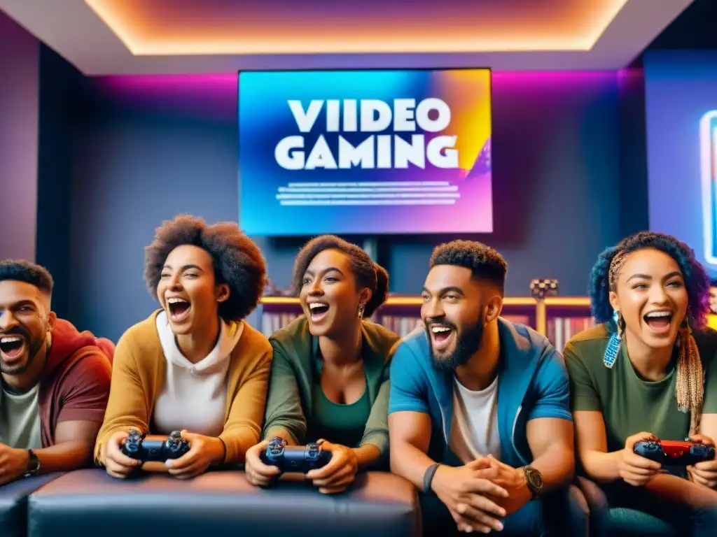 Una plataforma de juegos inclusiva y diversa: Jugadores de diferentes etnias y edades disfrutan juntos de videojuegos en un lounge acogedor