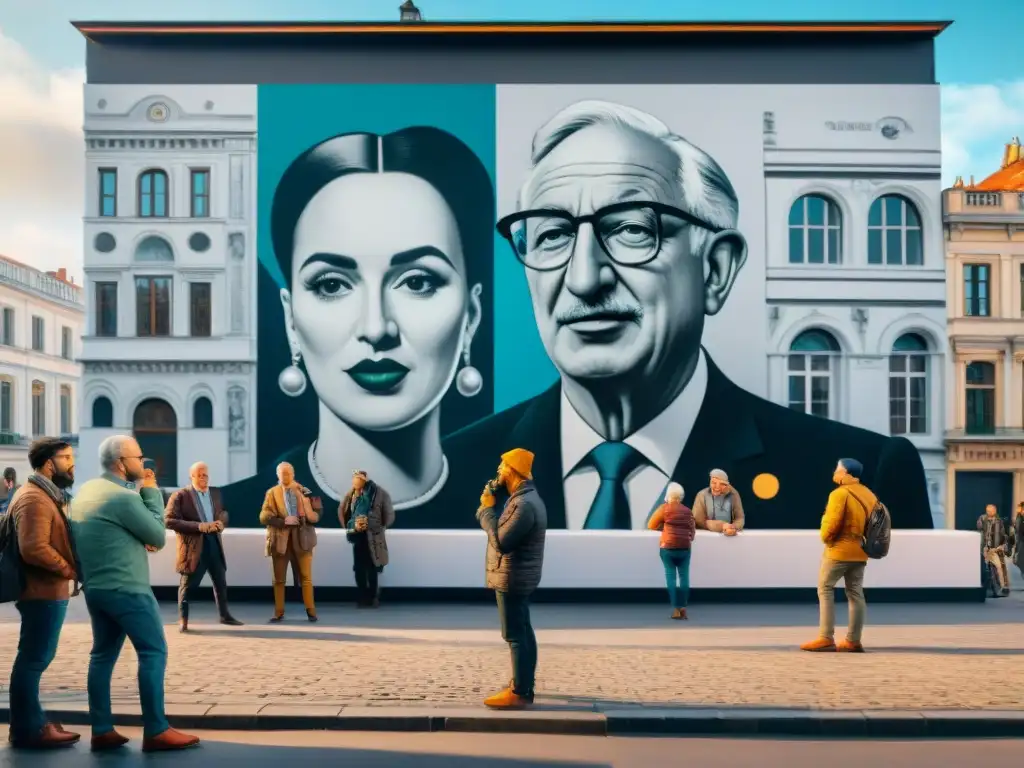 Una plaza bulliciosa con debates animados y mural satírico, reflejando la evolución de la sátira en la sociedad