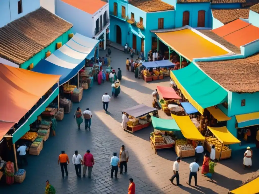 Plaza bulliciosa con juegos de estrategia en América Latina: Damas y Serpientes y Escaleras en mercado colorido y arquitectura fusionada