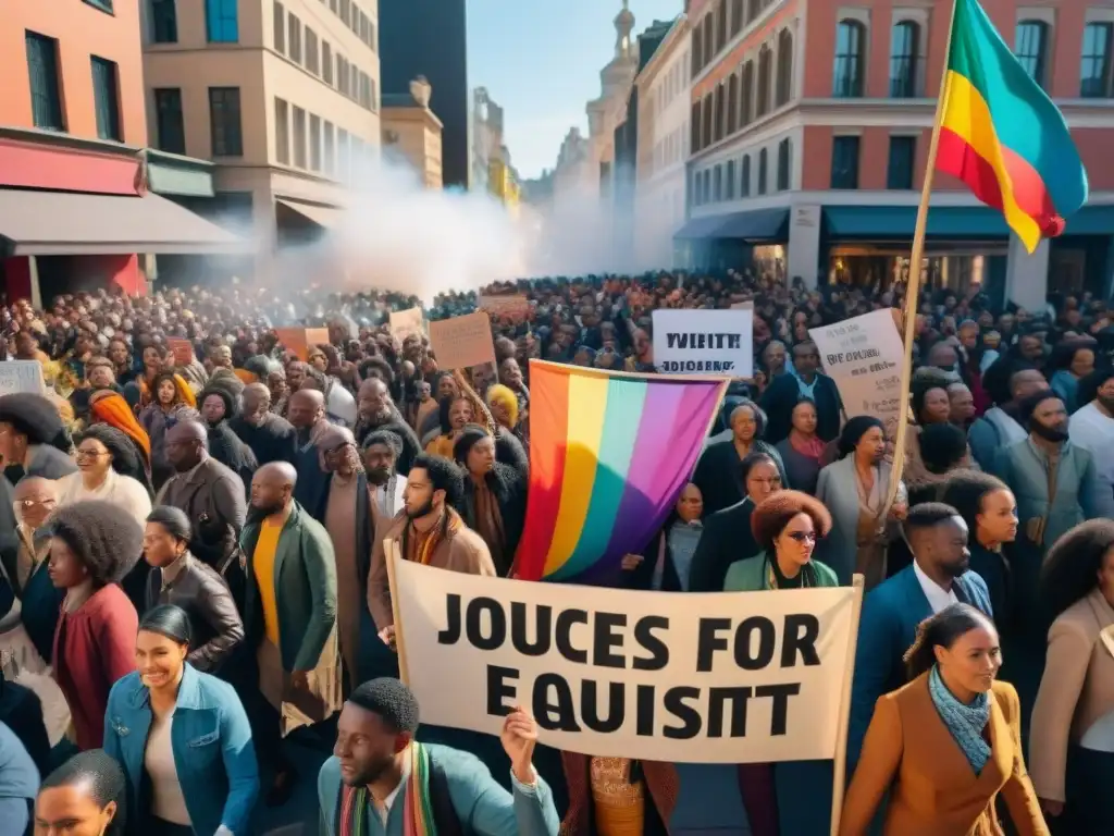 Manifestación en la plaza de la ciudad con activistas de todas las edades y géneros sosteniendo pancartas coloridas