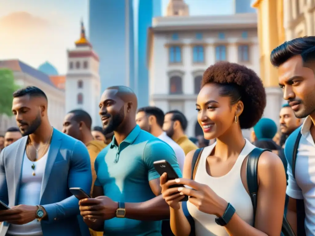 Una plaza de ciudad vibrante, con gente de diversas edades y etnias disfrutando de juegos de estrategia móvil multicultural