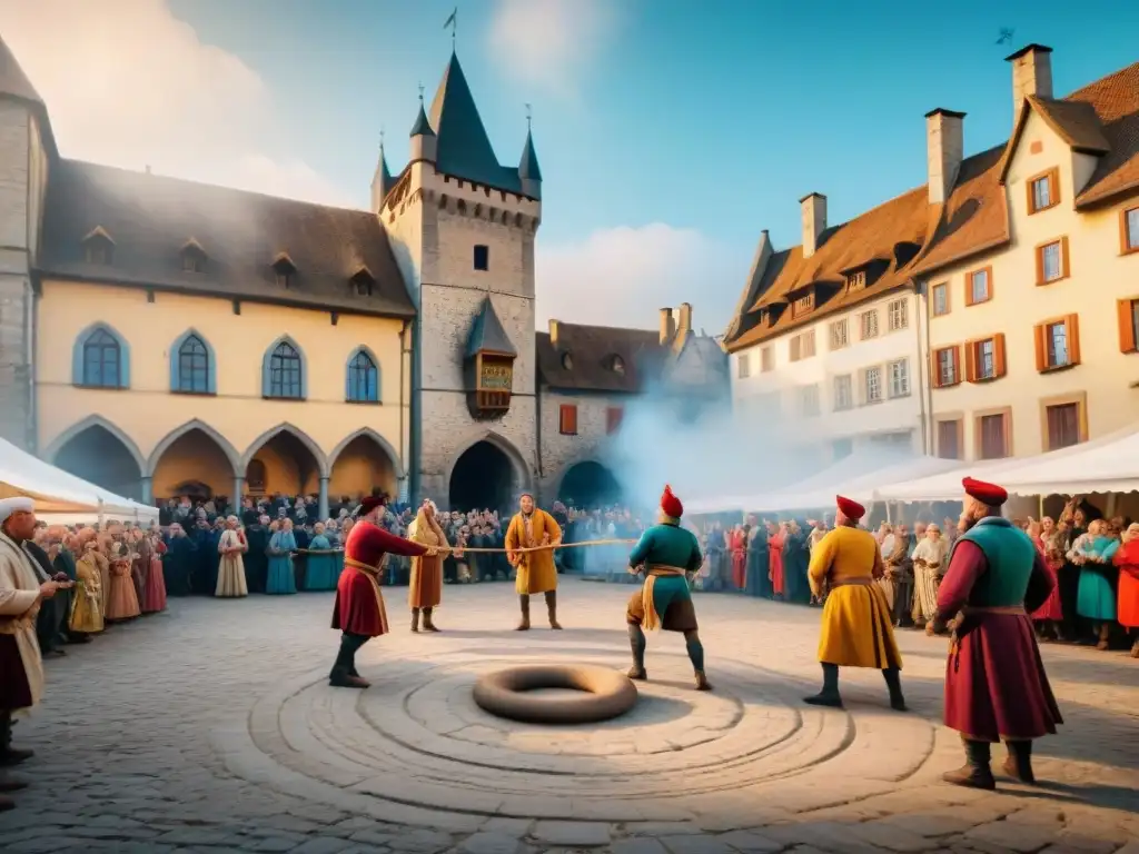 Una plaza europea bulliciosa con juegos tradicionales y un castillo medieval de fondo