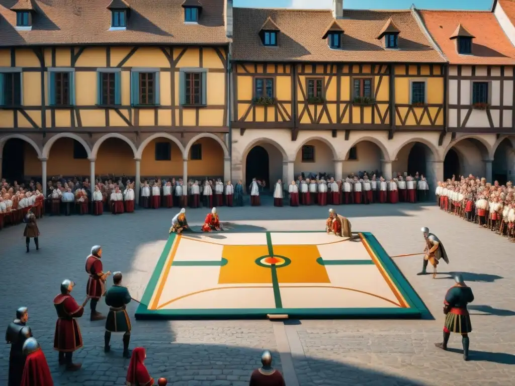 Plaza medieval europea llena de vida con juegos y deportes postCrusades