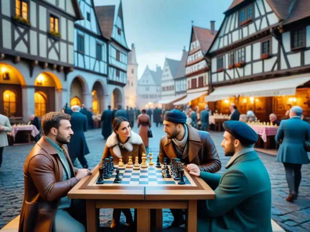 La plaza medieval bulliciosa, con gente de diversas culturas jugando ajedrez, refleja la evolución del ajedrez en culturas europeas