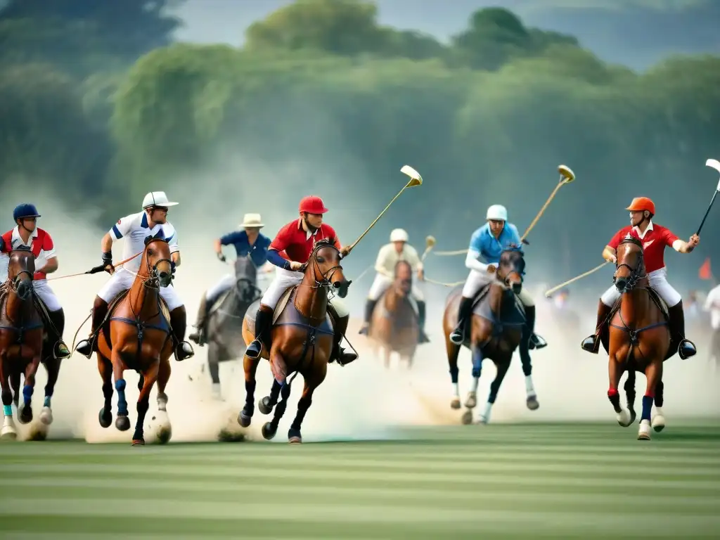 Polo en Francia: Jugadores elegantes en caballos galopando en un campo verde, con audiencia sofisticada observando