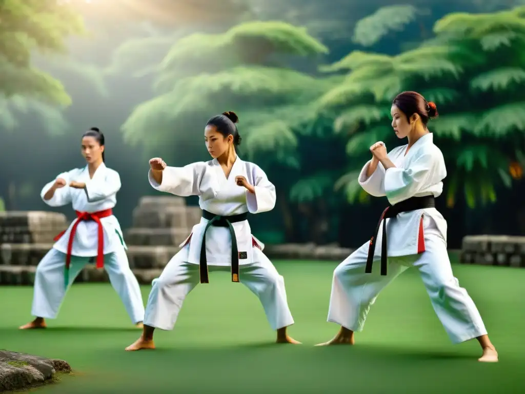 Practicantes de artes marciales en uniformes blancos realizan katas en un parque verde en América Latina