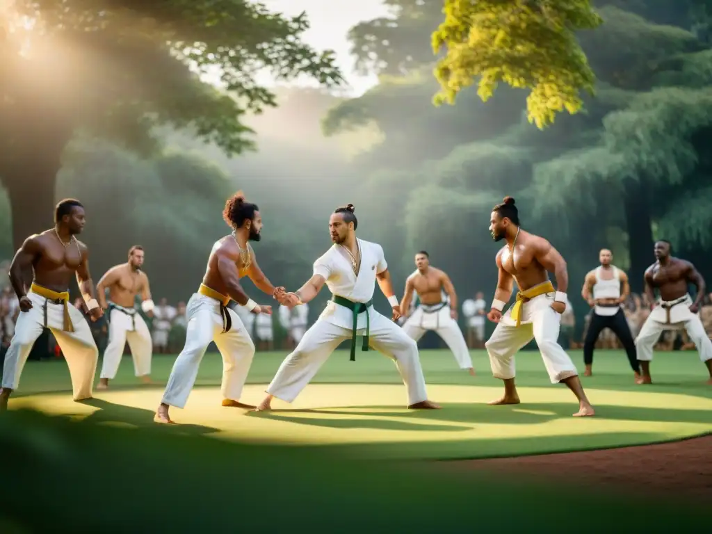 Capoeira: Danza y tradición al atardecer en el parque Practicantes de Capoeira en un vibrante roda al atardecer en el parque