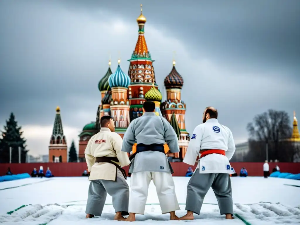 Practicantes de judo en uniformes blancos en la nieve de Moscú, con la Catedral de San Basilio al fondo