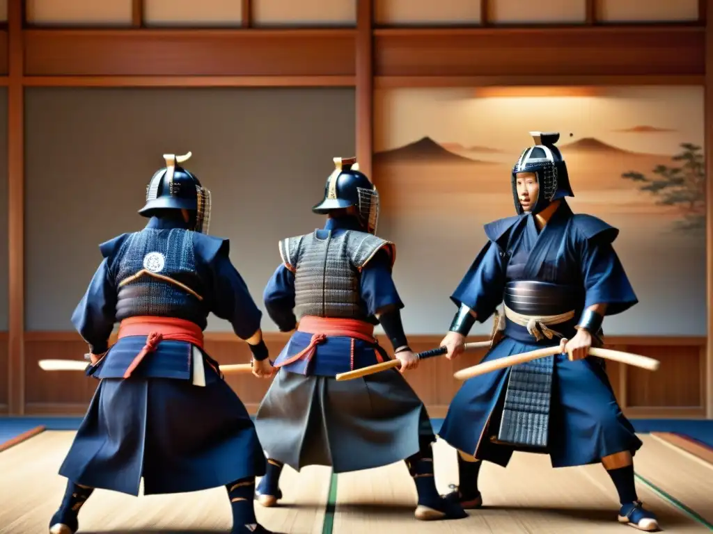 Maestros de Kendo en acción: tradición y destreza en un dojo japonés Practicantes de Kendo en armadura tradicional, shinai en mano, en un dojo japonés lleno de espíritu y tradición marcial japonesa kendo historia