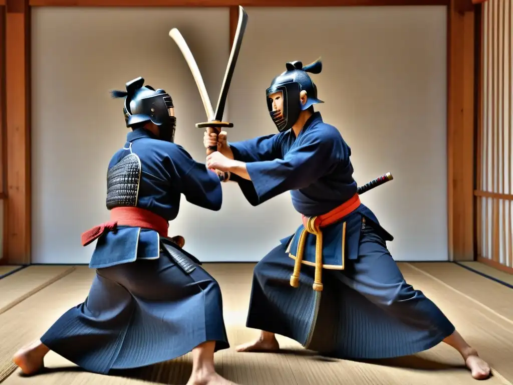 Impactante duelo de Kendo: Fuerza y tradición en un dojo Dos practicantes de Kendo en un combate intenso