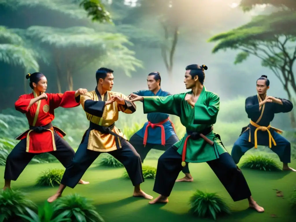 Practicantes de Pencak Silat en trajes tradicionales ejecutan una rutina dinámica en el bosque, reflejando la evolución del Pencak Silat en Indonesia