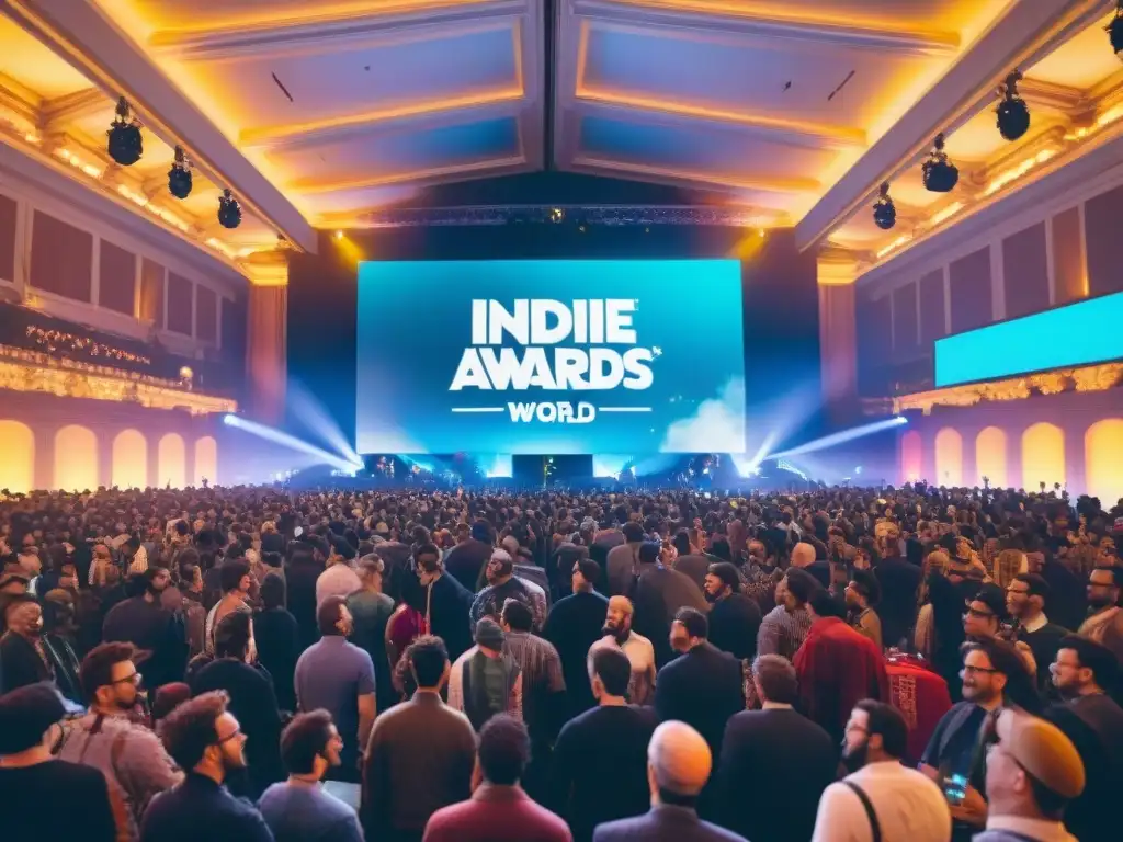 'Premios de juegos indie: vibrante ceremonia de reconocimiento y éxito en la industria del gaming, con una atmósfera festiva y futurista