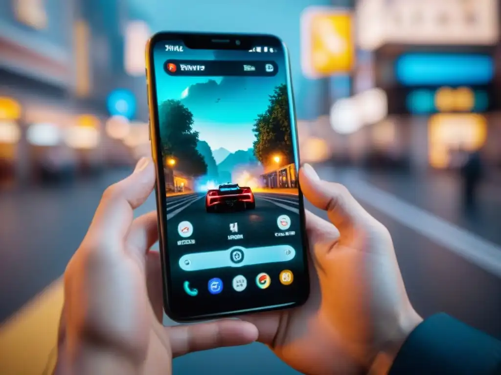 Invierte en juegos de móviles premium: Mano concentrada en juego con gráficos vibrantes en pantalla
