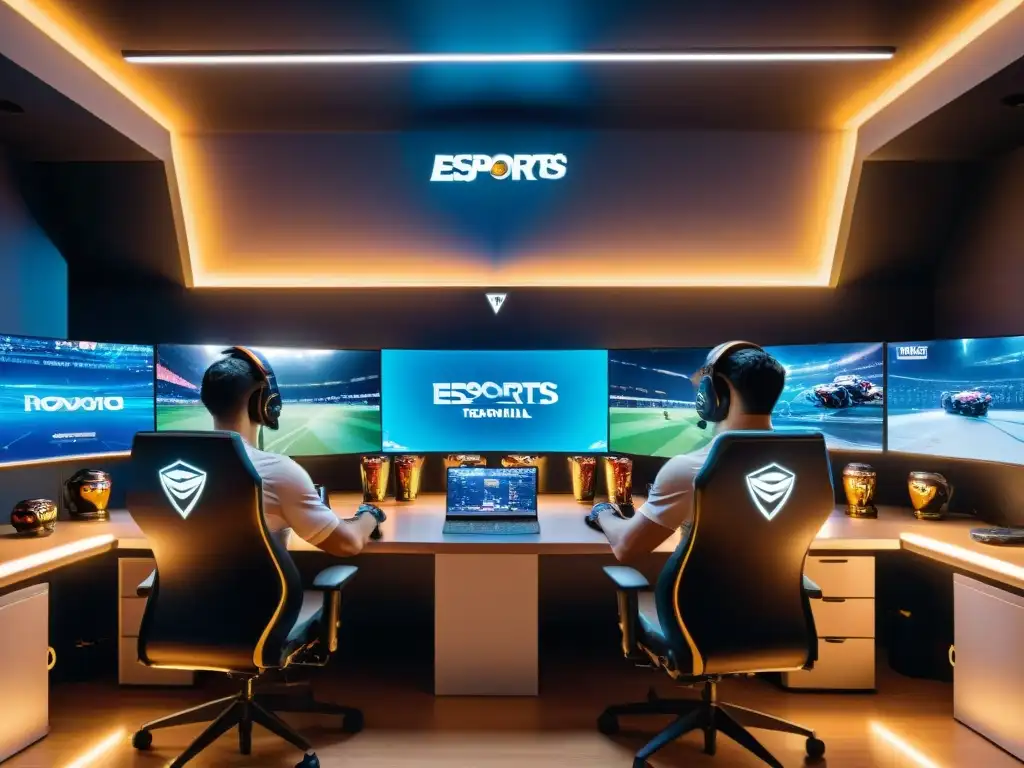 Preparación de equipos top eSports en sala de práctica intensa, con jugadores enfocados y tácticas detalladas en pizarrón