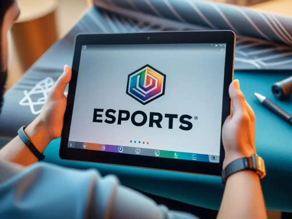 Proceso de creación de ropa para equipo eSports: Diseñador dibujando logos en tablet rodeado de material de costura