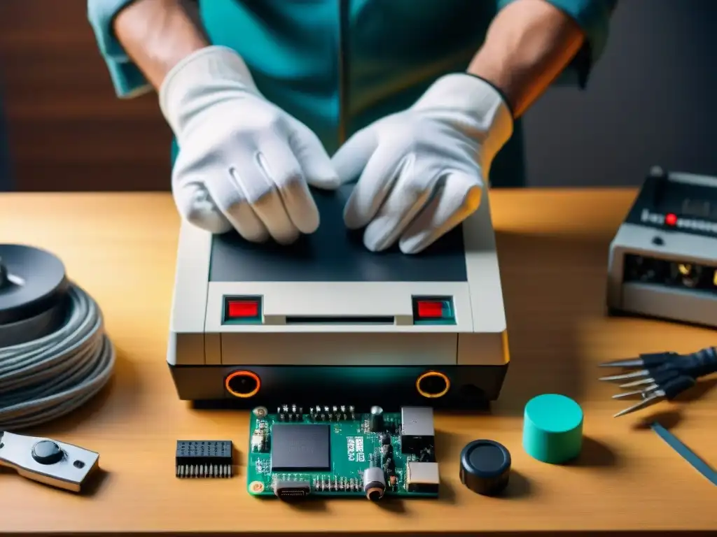 Proceso meticuloso de desmontaje de consola retro, con herramientas y manos con guantes blancos