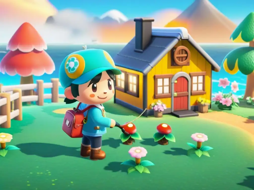 Un pueblo virtual bullicioso en 'Animal Crossing: New Horizons' con personajes diversos participando en actividades como pesca, jardinería y socialización, con casas coloridas, flores en flor y una hermosa puesta de sol al fondo