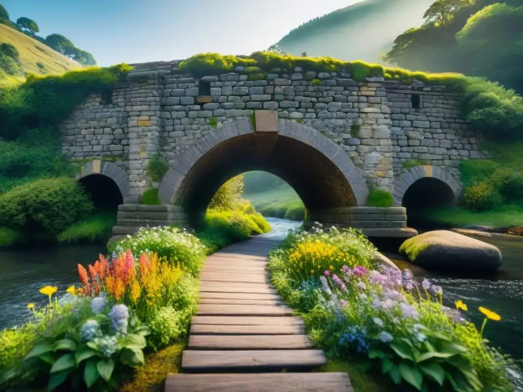 Un puente de piedra antiguo sobre un río sereno, rodeado de exuberante vegetación y flores silvestres