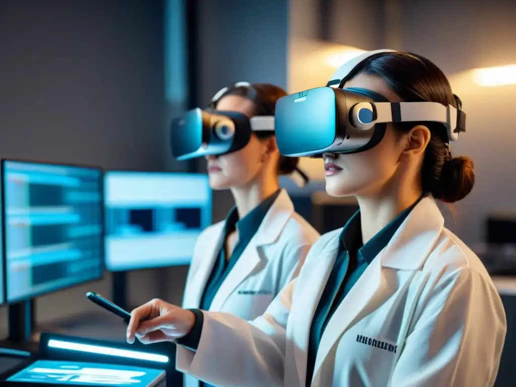 Investigación y evolución de la realidad virtual más allá del entretenimiento, en un laboratorio futurista con científicos y ingenieros