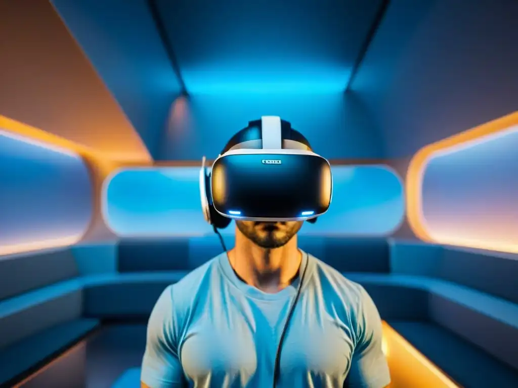 Realidad Virtual integrada en diseño arquitectónico futurista Realidad virtual en arquitectura: headset sobre blueprint futurista, fusión de tecnología y diseño en azul suave