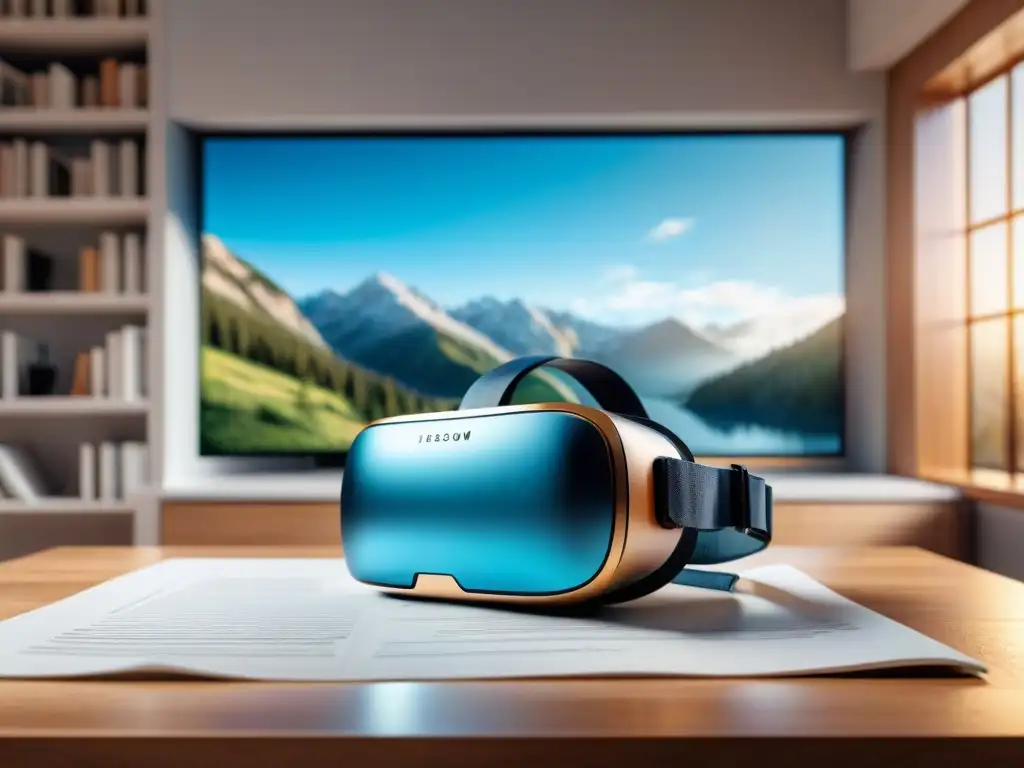 Realidad virtual en arquitectura: detalle en 8k Realidad virtual en arquitectura: Detalle de auriculares VR sobre mesa de madera rodeados de planos y bocetos de diseño