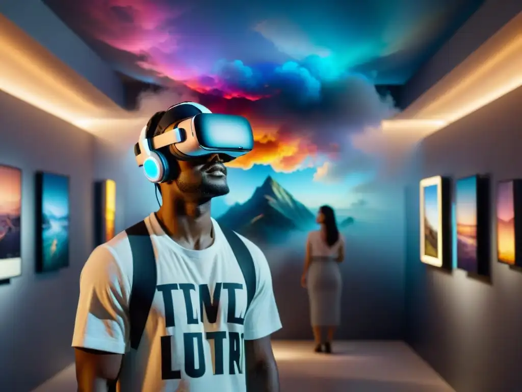 Innovación en realidad virtual arte: Experiencia inmersiva en galería digital de arte futurista con visitantes usando auriculares VR