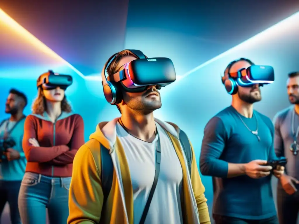 La realidad virtual redefiniendo juegos: Gamers inmersos en un mundo virtual futurista, conectados y asombrados