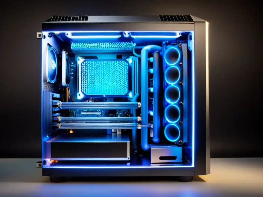 Refrigeración azul de PC gaming con ventiladores en caja transparente