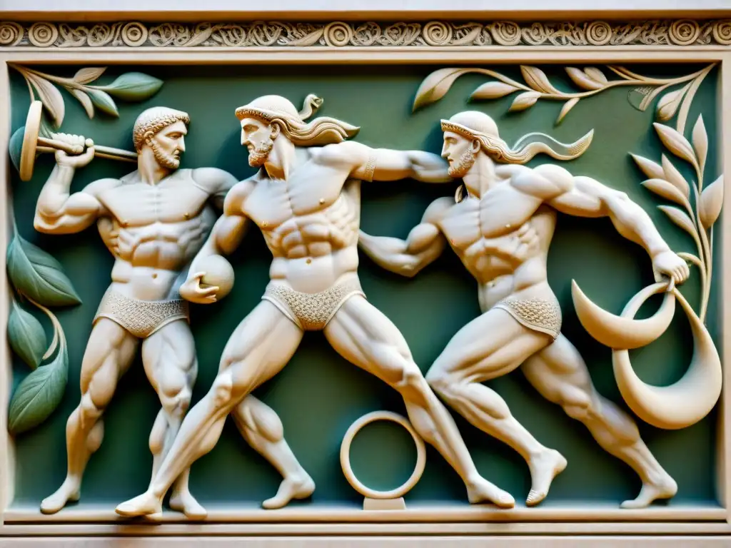 Relieve de mármol detallado de atletas griegos compitiendo en deportes olímpicos, reflejando la filosofía de los Juegos Olímpicos