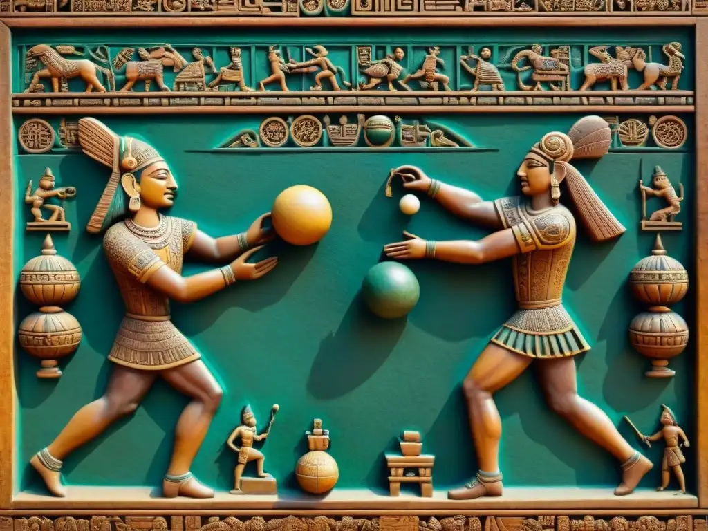 Relieve detallado de jugadores de juegos antiguos Mayas compitiendo en un juego de pelota, muestra la influencia cultural en la sociedad moderna