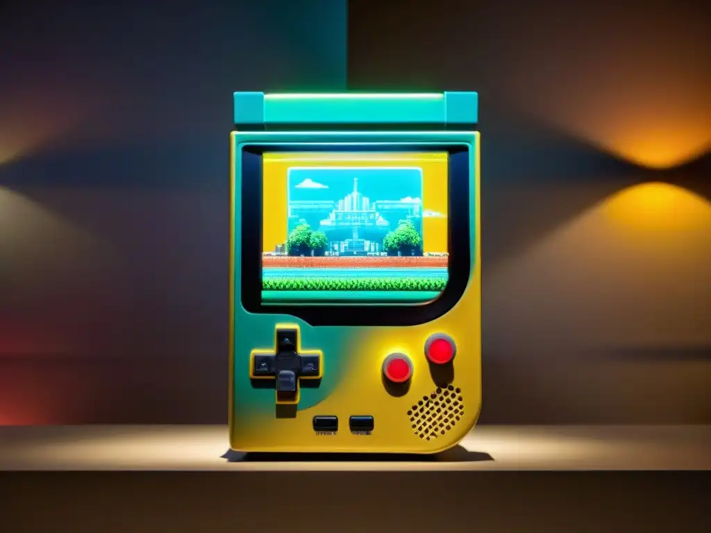 Reliquia única: Juego electrónico vintage de los 80 en alta resolución Reliquia de los 80 en museo de juegos: objeto electrónico vintage con diseño único y colores vibrantes